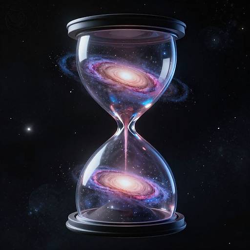 Digital artwork of a clear glass hourglass containing two glowing, colorful spiral galaxies against a dark, starry background.