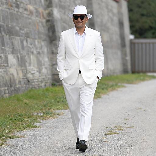 Stylish Man in White Suit on Path