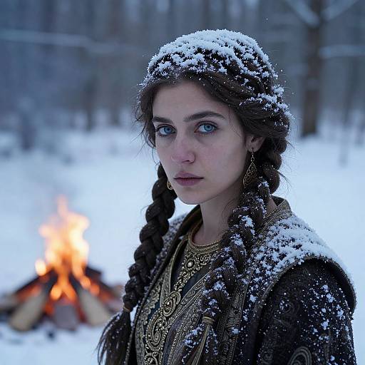 Photograph of a young woman with blue eyes, snow-covered dark brown braids, and ornate medieval clothing, standing by a winter campfire in