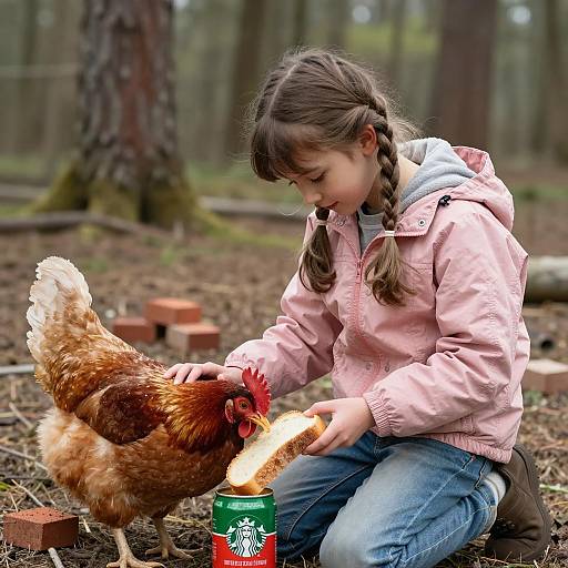 Young Girl Feeding Chicken in Forest