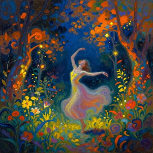 Vibrant, surreal painting of a dancing woman in a flowing, colorful dress amidst a glowing, enchanted forest with swirling, abstract flowers and lights.