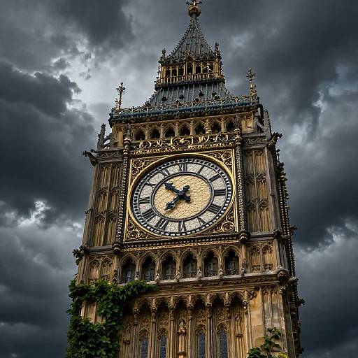 Photograph of the iconic Big Ben clock tower against a dramatic, cloudy sky, showcasing its detailed Gothic architecture and illuminated clock face.