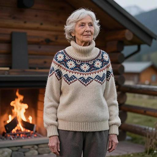 Photograph of an elderly woman with white hair, wearing a cream knit sweater with a geometric pattern, standing in front of a wooden cabin with a lit