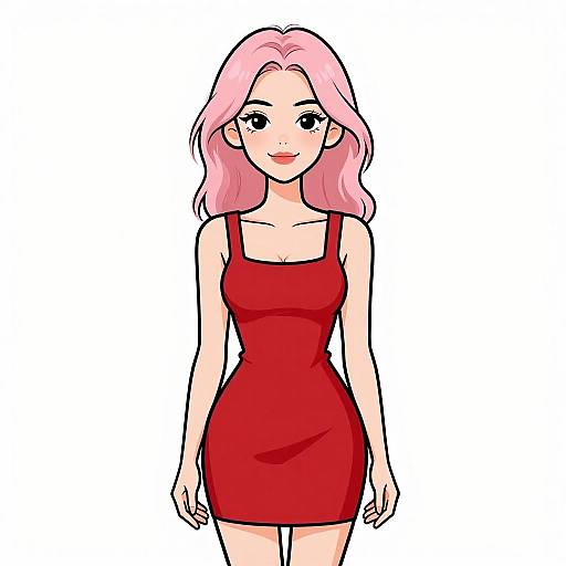 Digital anime-style drawing of a cute young woman with pink hair, wearing a tight red dress, standing against a white background.