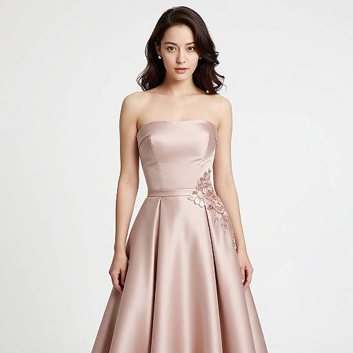 Photograph of an Asian woman with wavy black hair, wearing a strapless, pink satin ball gown with floral embellishments on the right side,