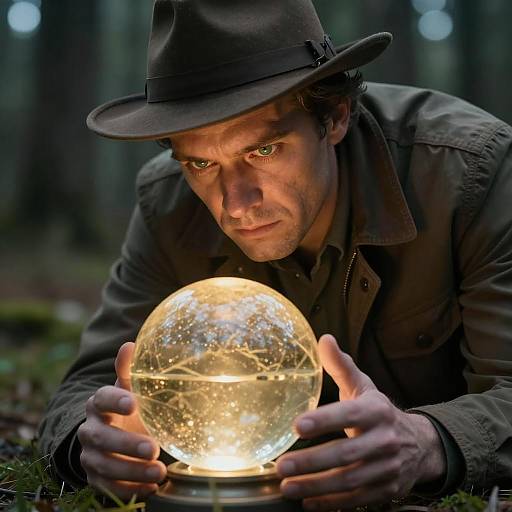 Intense Man Examining Mysterious Golden Orb