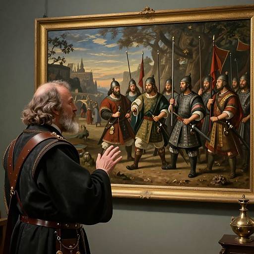 Photograph of an elderly man with gray beard, wearing a black robe, gesturing at a detailed, framed historical painting of medieval soldiers.