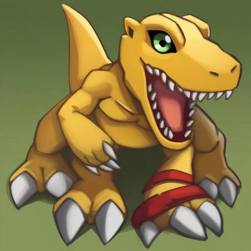 Illustration of Agumon, digimon in the style of Ndtwofives