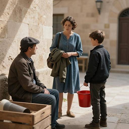 Family Conversation in Sunlit Stone Courtyard