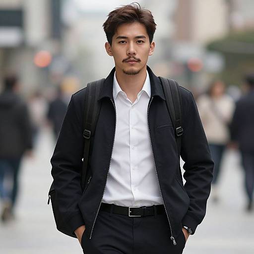 Photograph of a young Asian man with short, dark hair and a mustache, wearing a black jacket, white shirt, and black pants, standing