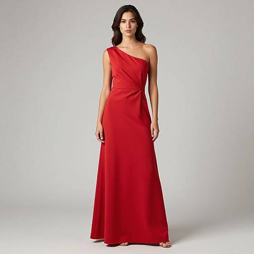 Photograph of a woman with dark hair in a red, one-shoulder, floor-length evening gown, standing against a plain white background.