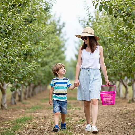 Photograph of a smiling woman in a white sleeveless top and straw hat, holding hands with a young boy in a striped shirt and denim shorts,