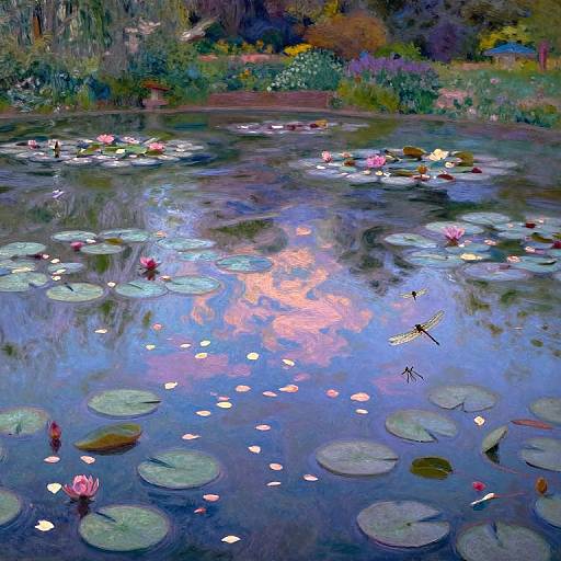 Vibrant digital painting of a serene pond with floating lily pads, pink water lilies, and dragonflies, reflecting colorful foliage.