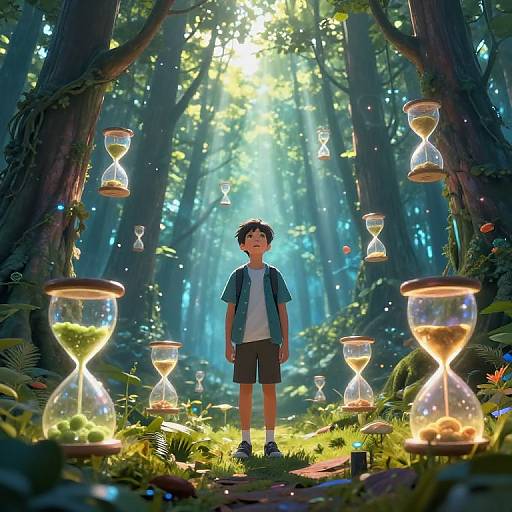 Mystical Forest with Glowing Hourglasses