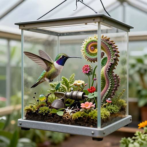 Photograph of a vividly colored hummingbird feeding on nectar inside a glass-enclosed miniature garden with colorful flowers, succulents, and