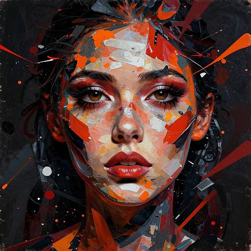 Digital abstract painting of a woman with intense eyes, painted in vibrant reds, oranges, and blacks, against a dark, splattered background.