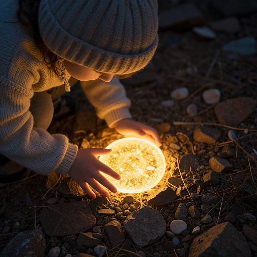 Photograph of a child in a gray knit beanie and sweater, crouching to touch a glowing, fiery orb on a dark, rocky ground