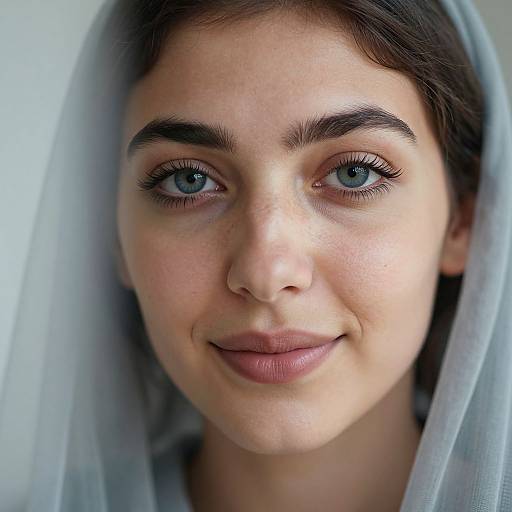 Close-up photograph of a young woman with fair skin, blue eyes, dark brown eyebrows, and brown hair, wearing a light blue veil, smiling subtly