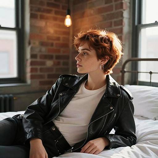 Photograph of a young woman with short red hair, wearing a black leather jacket and white shirt, sitting on a bed in a sunlit, brick