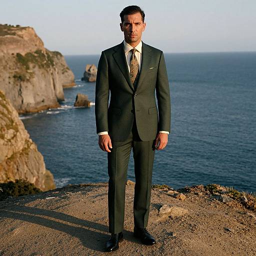 Photograph of a handsome man in a dark green suit and gold tie standing on a rocky cliff overlooking a blue ocean.