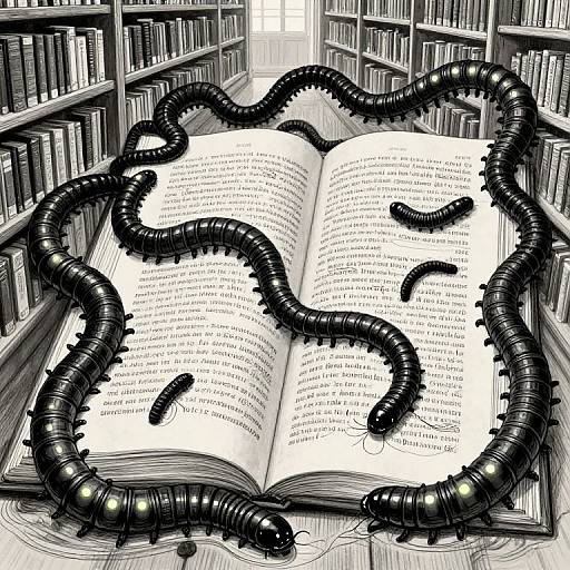 Digital drawing of an open book in a library, surrounded by black, segmented, sinister-looking worms with glowing eyes.