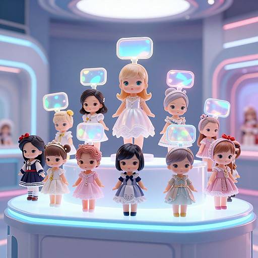 Photograph of a glowing, futuristic display featuring ten colorful, chibi-style doll figurines in various dresses, standing on a circular, illuminated platform.