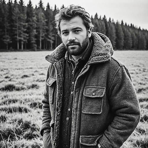 Burly Man in Winter Field Jacket Black and White