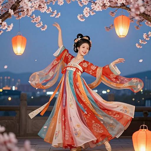 Photograph of an Asian woman in a red and blue floral kimono, dancing under cherry blossoms at dusk, with glowing lanterns.