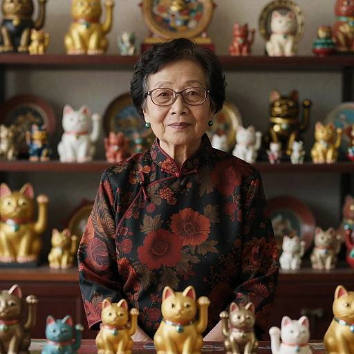 Elderly Asian Woman with Figurines Display