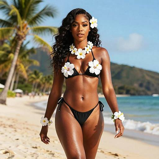 Photograph of a beautiful Black woman with long curly hair, wearing a black bikini, adorned with white flowers, walking on a sunny, tropical beach with