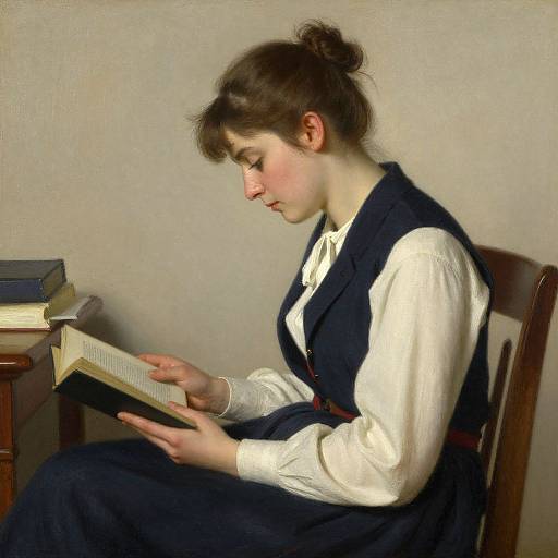 Photograph-style painting of a young woman with fair skin and brown hair in a bun, wearing a white blouse and navy dress, reading a book while
