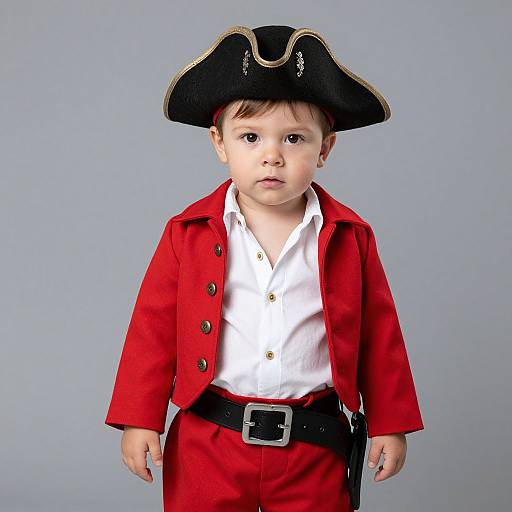 Photograph of a baby boy dressed as a pirate, wearing a black tricorn hat, red coat, white shirt, black belt, and red pants