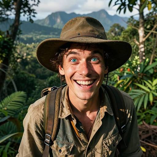 Photograph of a smiling young man with bright blue eyes, wearing a green hat and jungle attire, surrounded by lush tropical foliage with mountains in the background