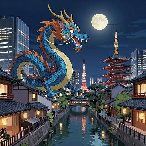 Anime Nighttime Tokyo with a Blue Dragon