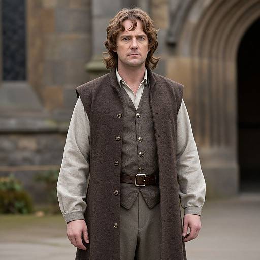Photograph of a Caucasian man with wavy brown hair, wearing a medieval-style gray vest, white shirt, and brown coat, standing in front of
