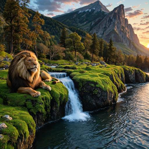 Majestic Lion by Serene Sunset Waters