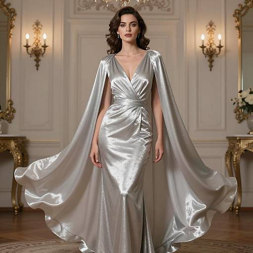 Elegant Woman in Silver Metallic Gown with Cape