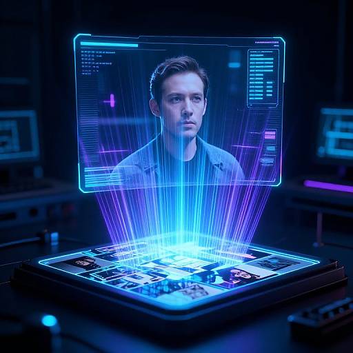 Photorealistic CGI: Blue-lit holographic interface displays a serious young man's face above a glowing, digital control panel with neon blue lines.