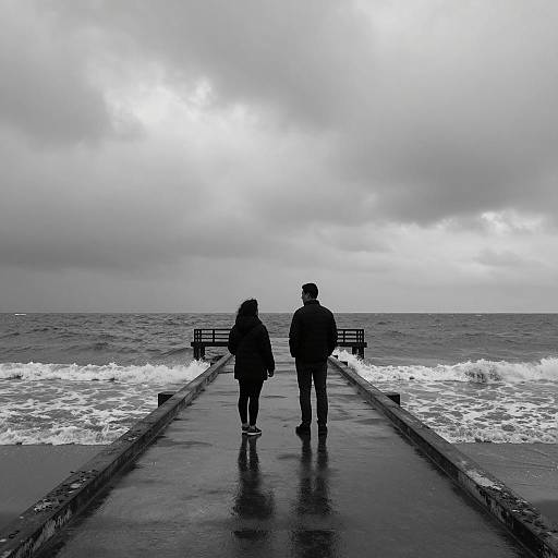 Couple on Wet Pier at Overcast Ocean