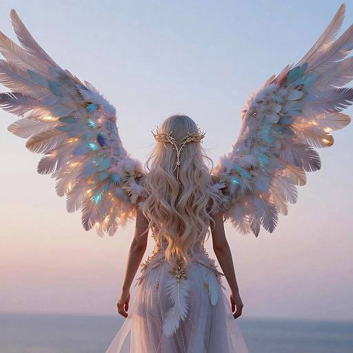 Photograph of a woman with long, wavy platinum blonde hair, back facing, wearing a white, feathered gown and angelic wings, glowing