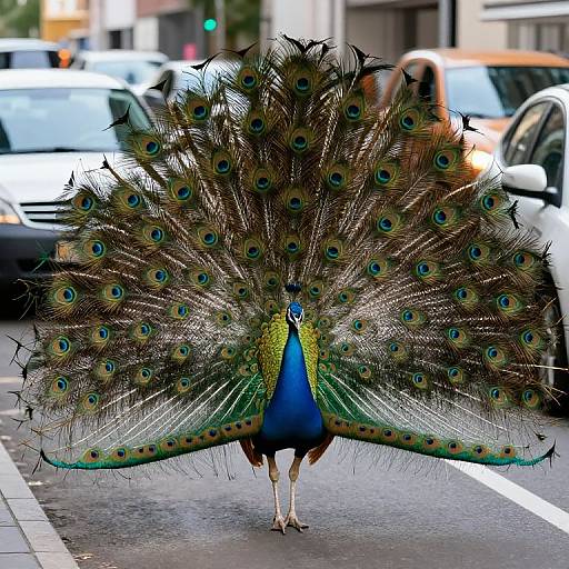 Peacock Display in Busy City Street