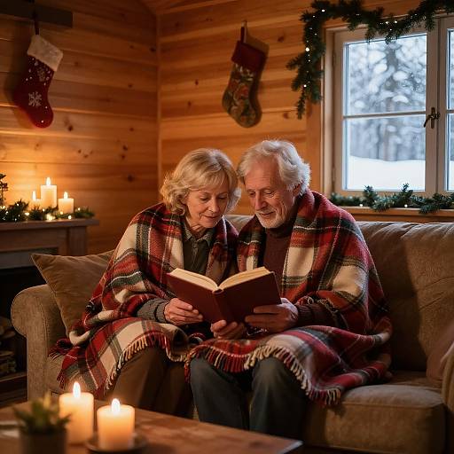 Photograph of an elderly couple with gray hair, reading a book together on a couch in a cozy wooden cabin, wrapped in red plaid blankets,