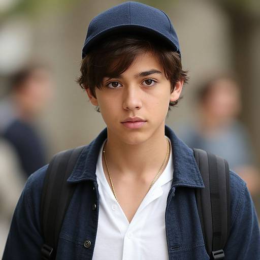 Photograph of a young Latino boy with medium skin, dark brown hair, wearing a navy cap, blue denim jacket, white shirt, gold necklace,
