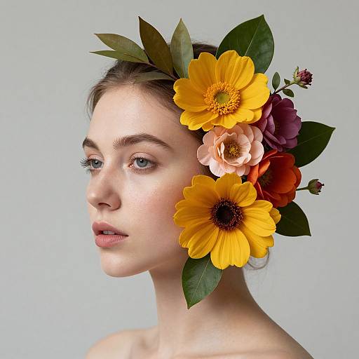 Photograph of a fair-skinned woman with blue eyes, wearing a colorful flower crown featuring yellow, orange, and pink blooms against a light blue background
