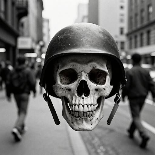 Black-and-white photograph of a skull in a worn WWII-style helmet, centered in a blurred urban street with pedestrians.