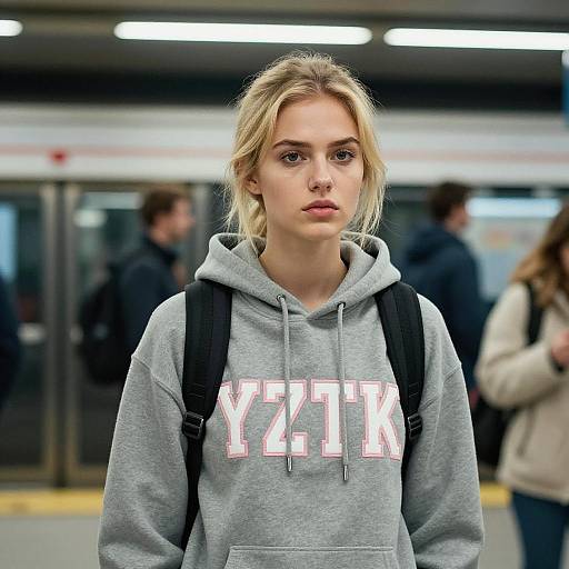 Young Woman in Gray Hoodie at Subway Station