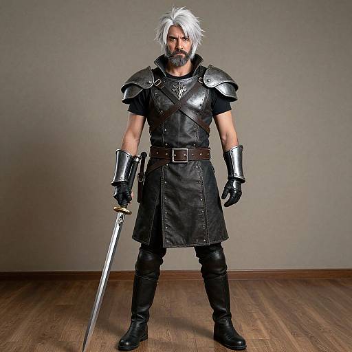 Photograph of a muscular man with white hair and beard, wearing black leather armor, silver shoulder and gauntlet armor, holding a sword, standing on