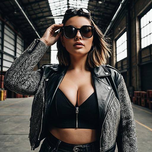 Fashionable Woman in Leather and Tweed Jacket