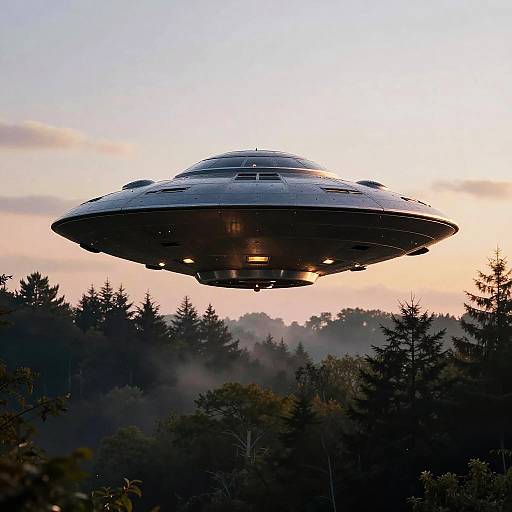 Photograph of a classic silver flying saucer hovering above a forest at sunset, with misty trees and a pink-orange sky.