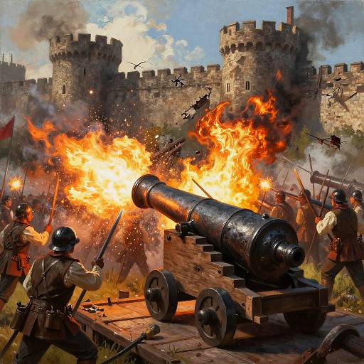Digital painting of a medieval siege: soldiers firing a large cannon at a stone castle, with bright orange flames and dark smoke.